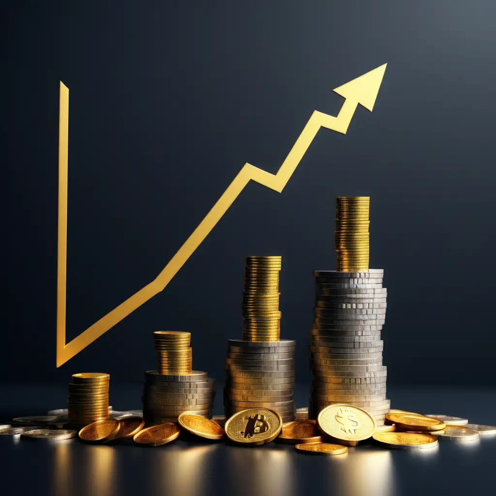 graph with stacks of money  and gold coins with the value rising
