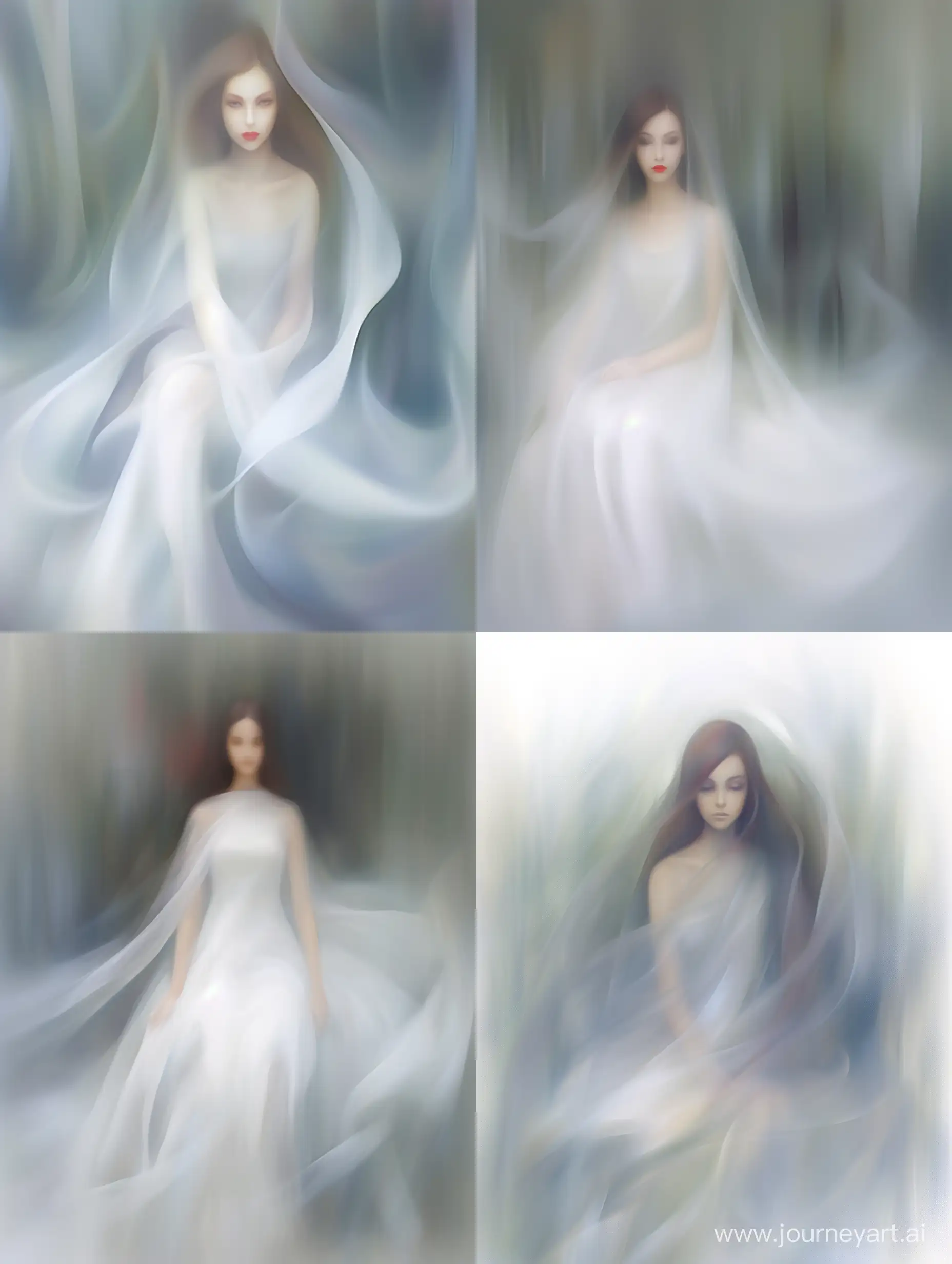 a white image shows a woman covering herself with gauze (cloth), in the style of soft focus romanticism, fashion bazaar style, artwork by Haruna Kikuchi, clean, translucent, abstraction creation, uhd image, close up, super details, 8k, HD