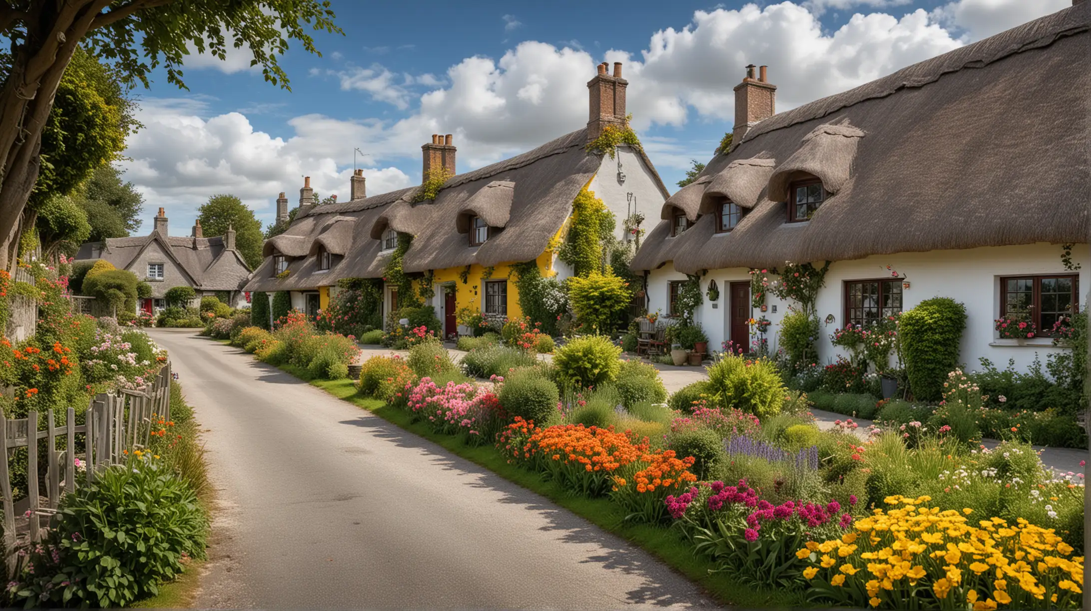 high resolution photograph of the picturesque village of Adare, with its thatched cottages and colorful garden, canon EOS R8 with 28mm lens
