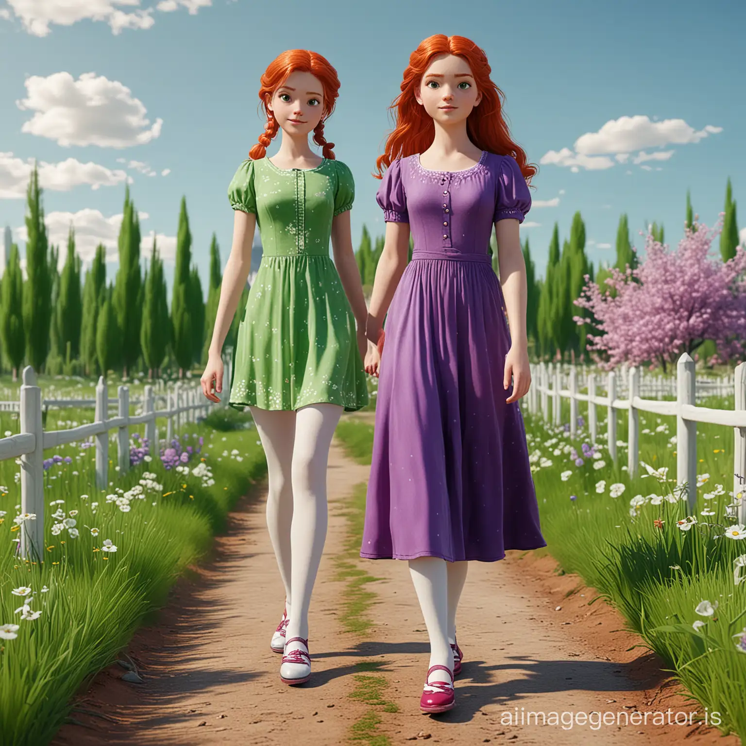 Stylized 3D graphics: a spring landscape and a girl with green eyes, red hair dressed in a green dress with short-sleeved maxi length, white tights, purple shoes