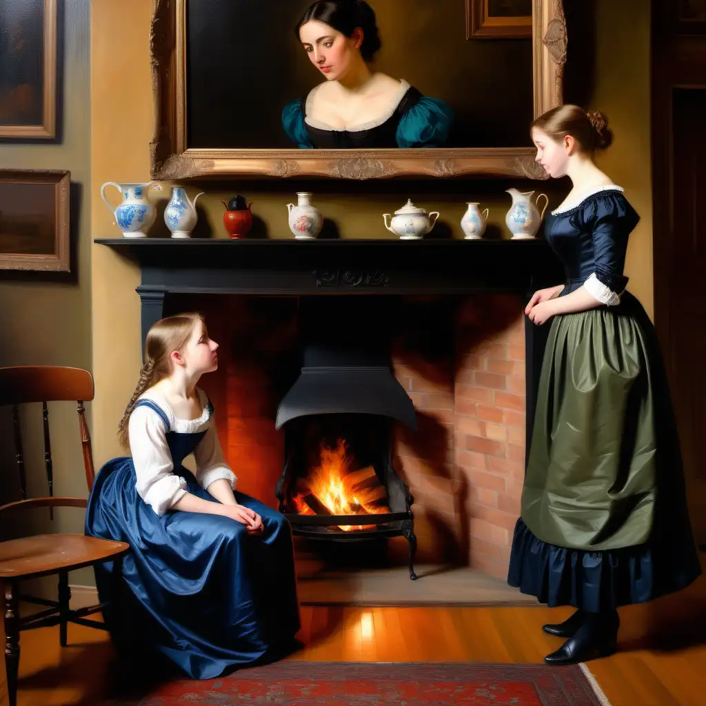 mother talking to her daughter in a 19th century house, traditional oil painting, fireplace 
