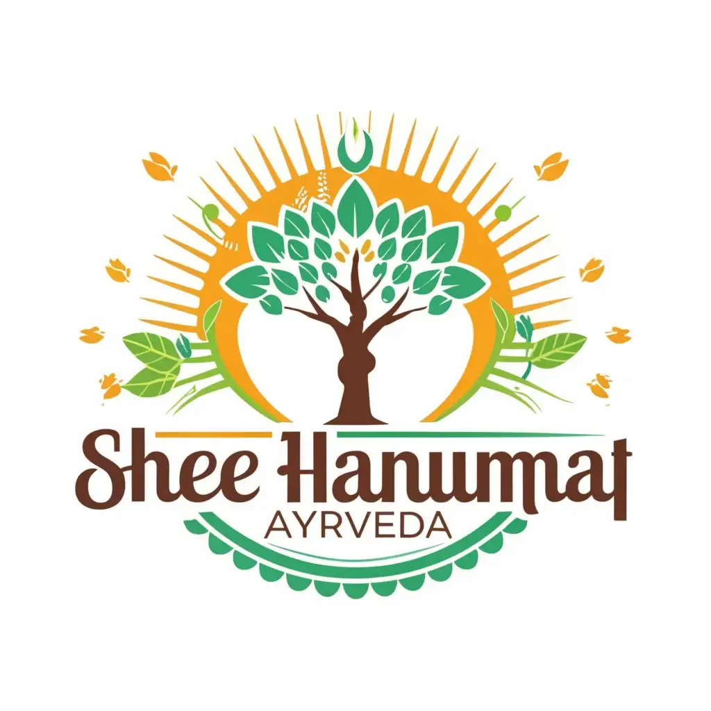 logo, Tree,sun,leafs and herbs, with the text "Shree Hanumat Ayurveda", typography