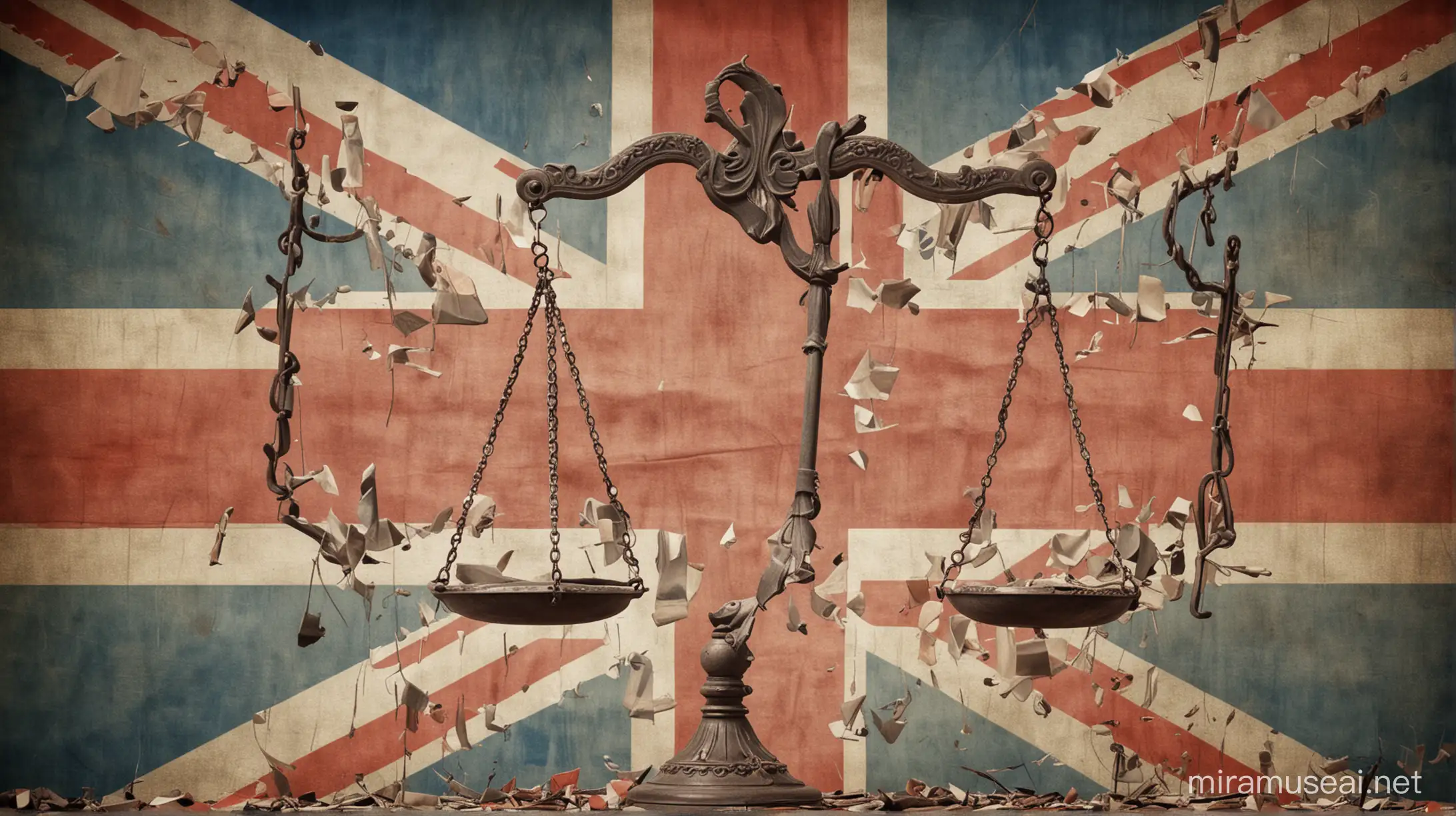 Generate an image of broken scales of justice against a faded Union Jack background.