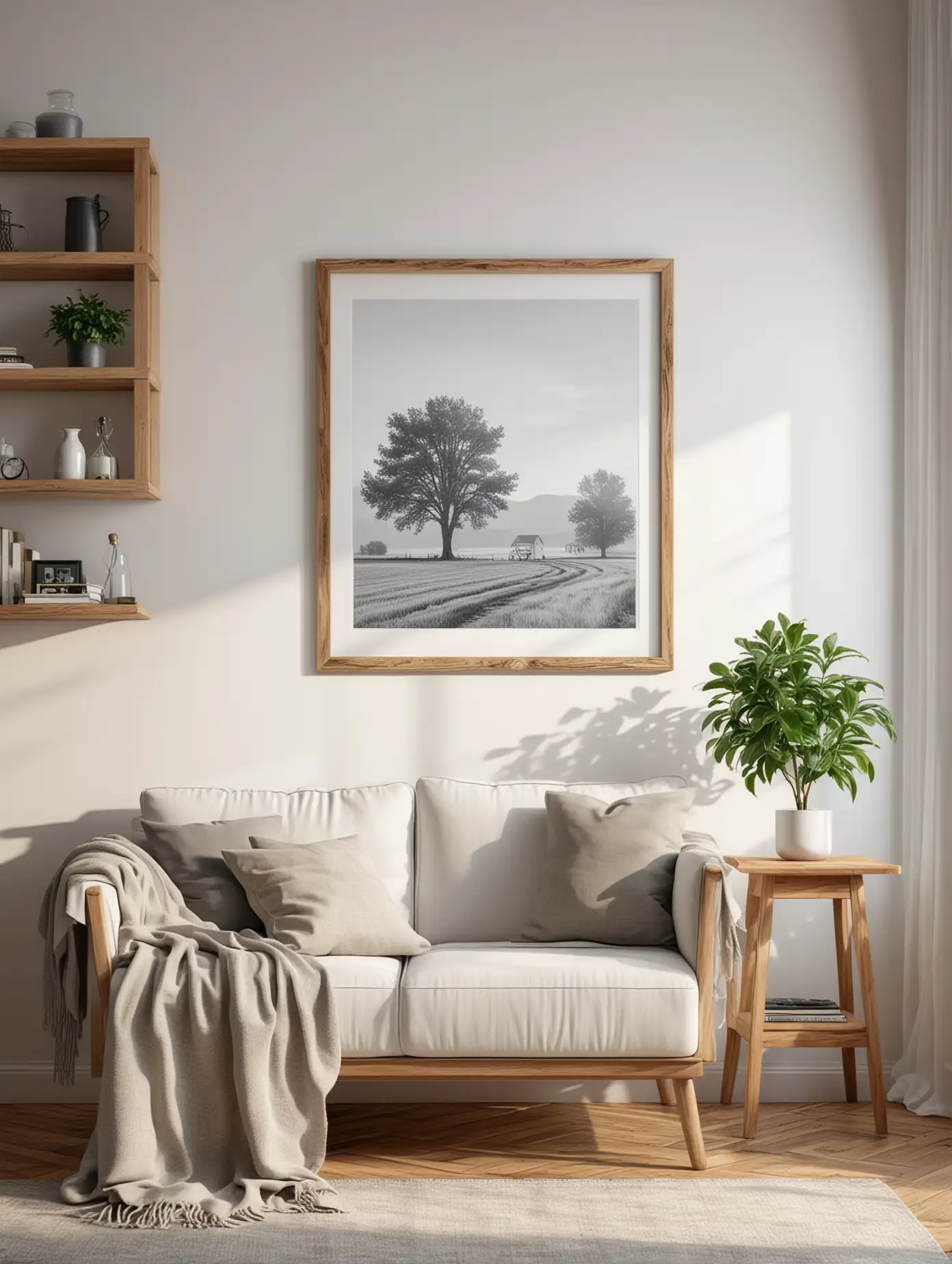 Cozy Farmhouse Living Room Wooden Poster Mockup with Reflection and Shadow Overlay