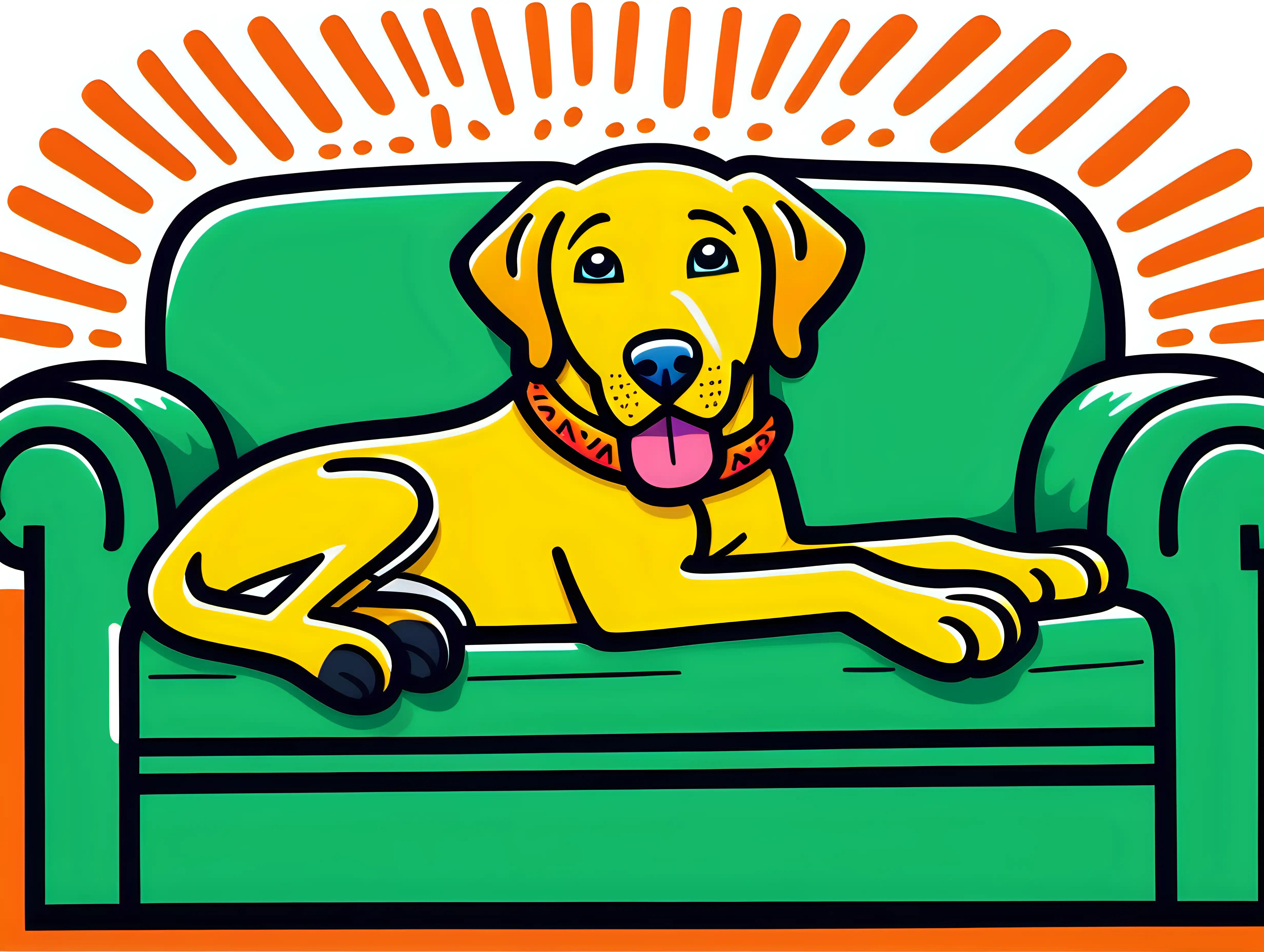 a cartoon character yellow labrador retriever laying on couch, vibrant color, white background, in the style of Keith Haring