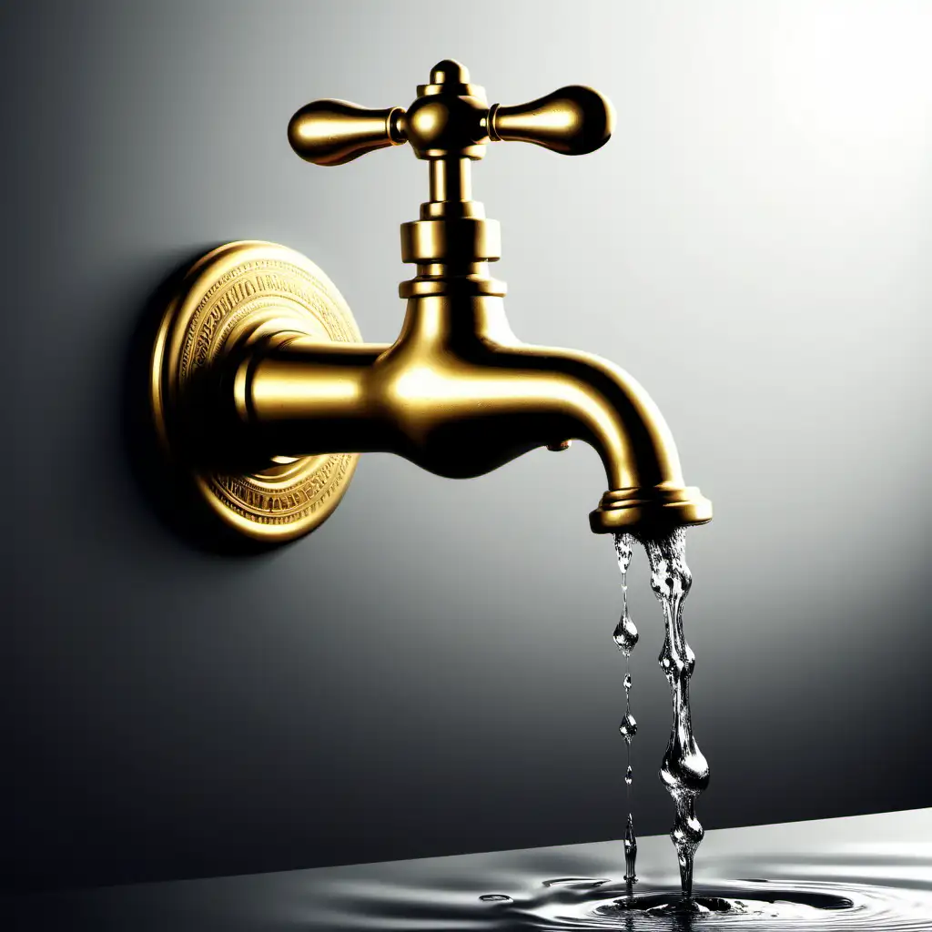 nice old golden faucet fallling a drop of water from it,detailed,shadow