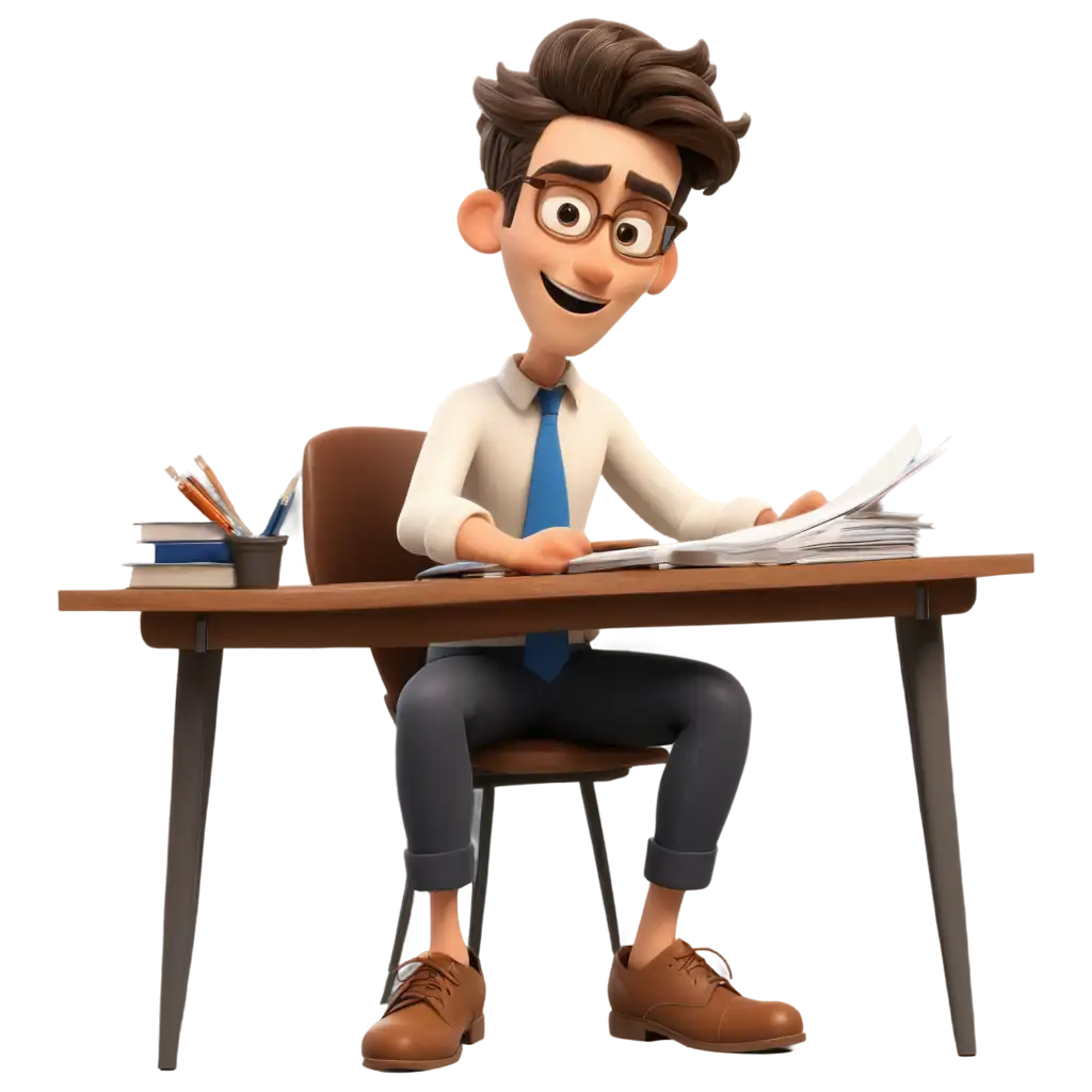mad cartoon employee character sitting on desk with alot of papers