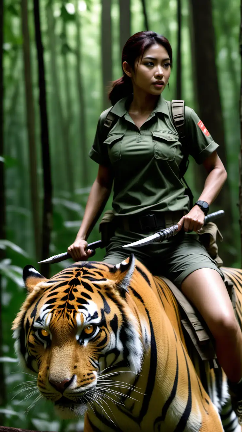 Seorang Ranger wanita yang cantik dan montok sedang menunggangi seekor Harimau Jawa. Wanita memakai baju atasan ranger tetapi sebagian perut dan pusarnya masih kelihatan dan celana pendek Ranger. Gambar ada didalam hutan dengan kwalitas 4K.