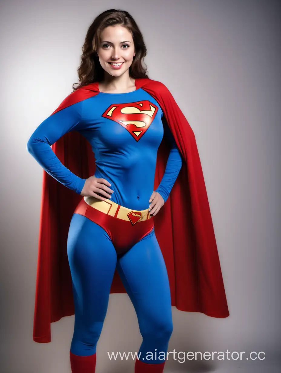 A beautiful woman with brown hair, age 33, She is happy and fit. She is wearing a Superman costume with (blue leggings), (long blue sleeves), red briefs, and a long cape. Her costume is made of very soft cotton fabric. The symbol on her chest has no black outlines. She is posed like a superhero, strong and powerful. Bright photo studio. Superman The Movie.