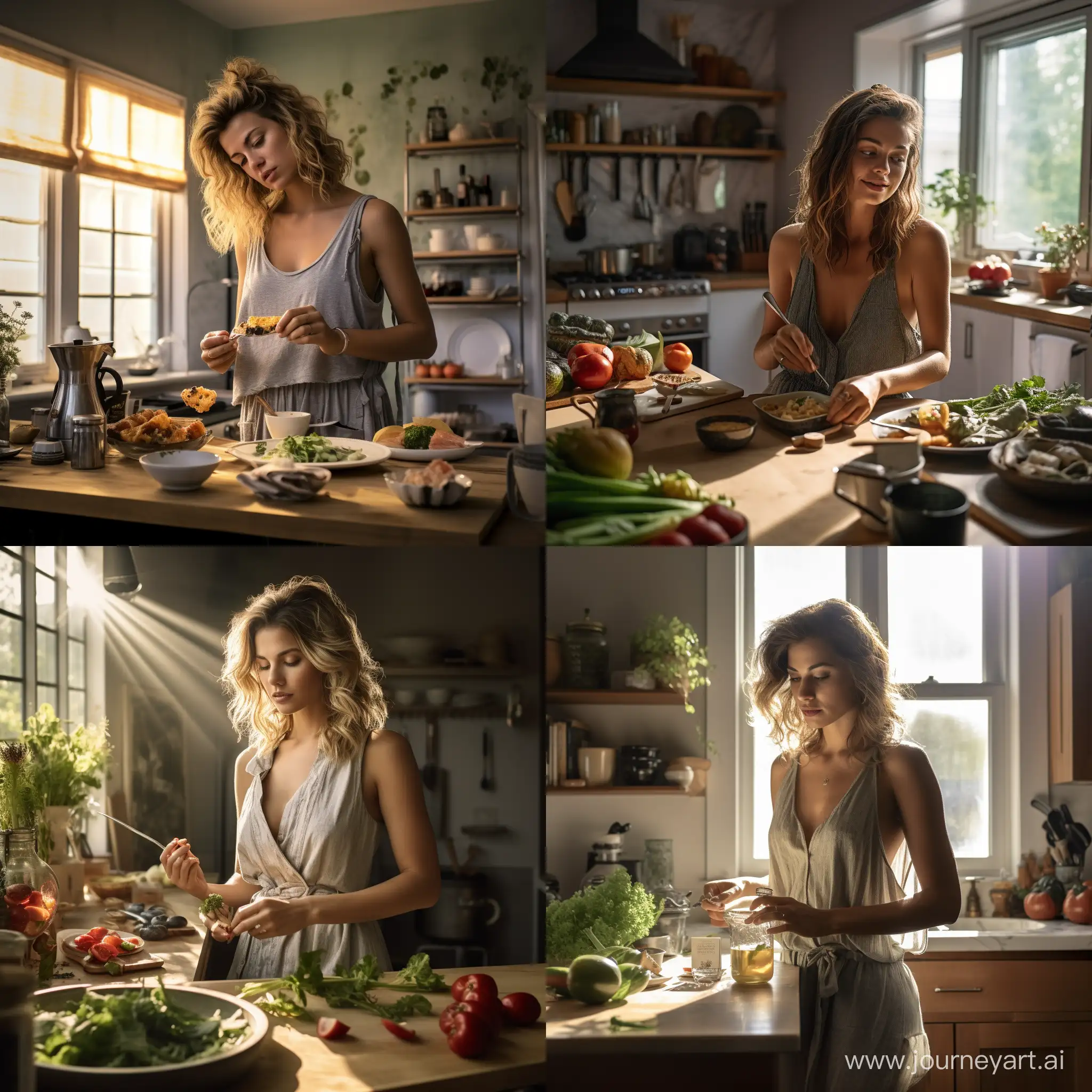 a full body woman at home preparing breakfast, shot with sony alpha a9 II and sony FE 200/600mm f/5.6-6.3 G OSS lens, natural light, hyper realistic, photograph