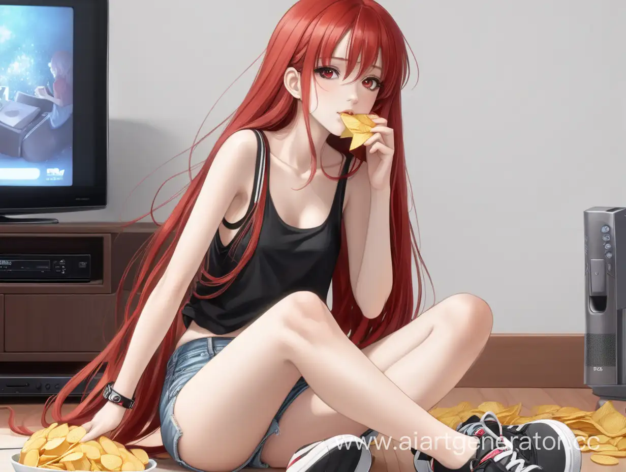 RedHaired-Anime-Girl-Enjoying-TV-and-Chips-in-Stylish-Attire