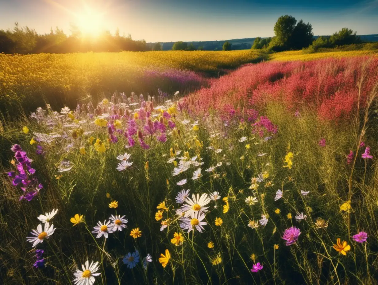 Vibrant Wildflowers Field Landscape under Sunlight
