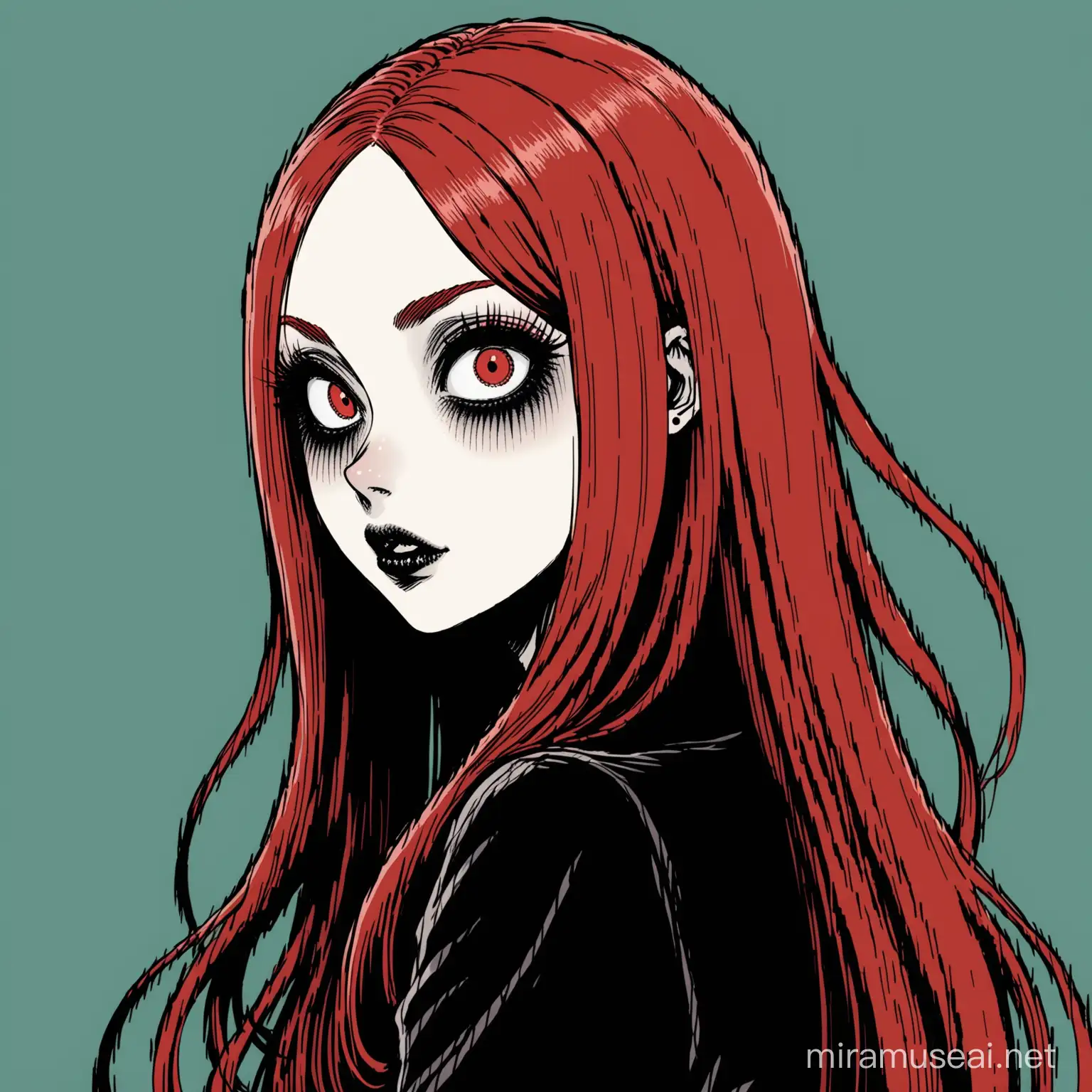 redhead woman, long hair, side part, 2d, goth, junji ito style,