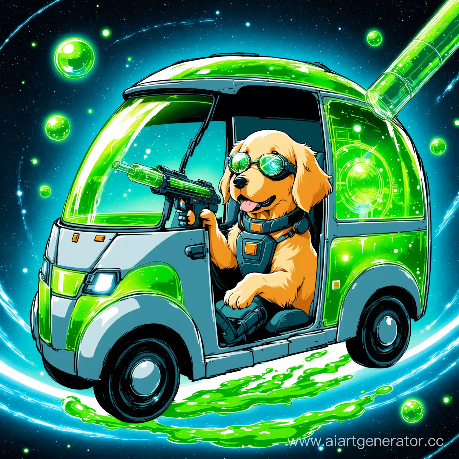 Golden retriver wearing a hero suit with transparent protect glasses in space and it is inventing technology , hold cylindrical lab tube look like a futristic gun  inside green luqid , teleport gate background , future mood  , he is draving a space van