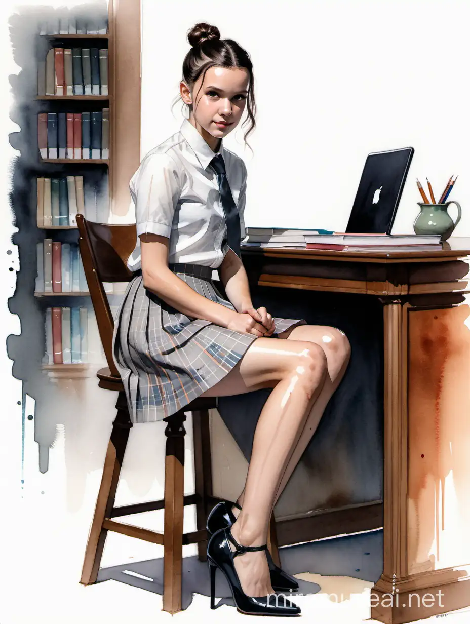 Alex Maleev illustration depicting Millie Bobby Brown wearing school skirt and high heels sitting on a desk in a dark library, smirking, short ponytail, messy watercolor, very delicate and thin lines, no distortion, gray palette, insanely high detail, very high quality, low angle view