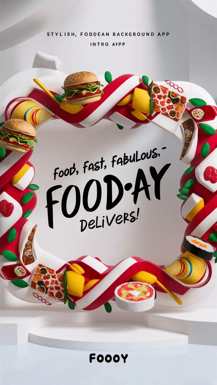 Create a unique intro background for the Foođây food ordering app with the primary color #F75564. Design an image that is stylish, easy on the eyes, and creates a positive impression, along with the slogan 'Food, Fast, Fabulous - Fooday Delivers!' to highlight the features and convenience of the app