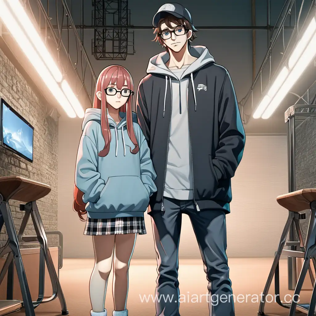 высокий аниме парень в очках и худи стоит с девушкой в платье