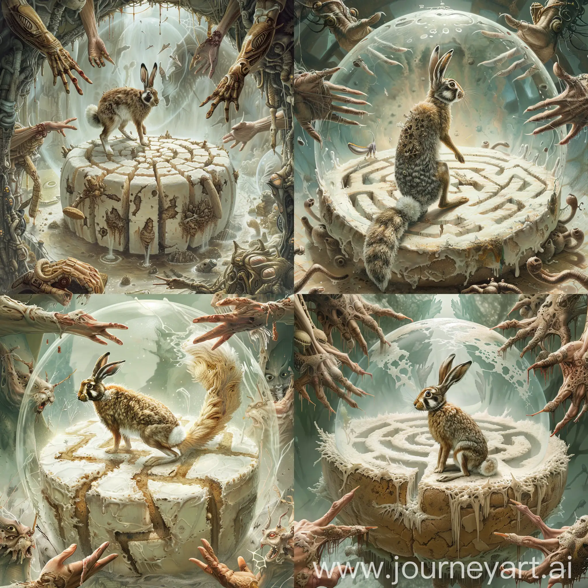 Commercial illustration, high and detailed resolution, the hare looks like a raccoon, with a tail like a lion stands in the middle of the maze, the maze resembles a round, white loaf of bread, the edges of the loaf of bread are covered with mold and rot, the hare is wondering where to go from this maze, and only on one side there is a passage into an amazing and futuristic the world, everything around it looks absurd in surrealism, the hands of alien creatures are watching this Maze from above, the transparent dome is dying from above, the creatures look at this maze in which the hare is like an arena in a circus.