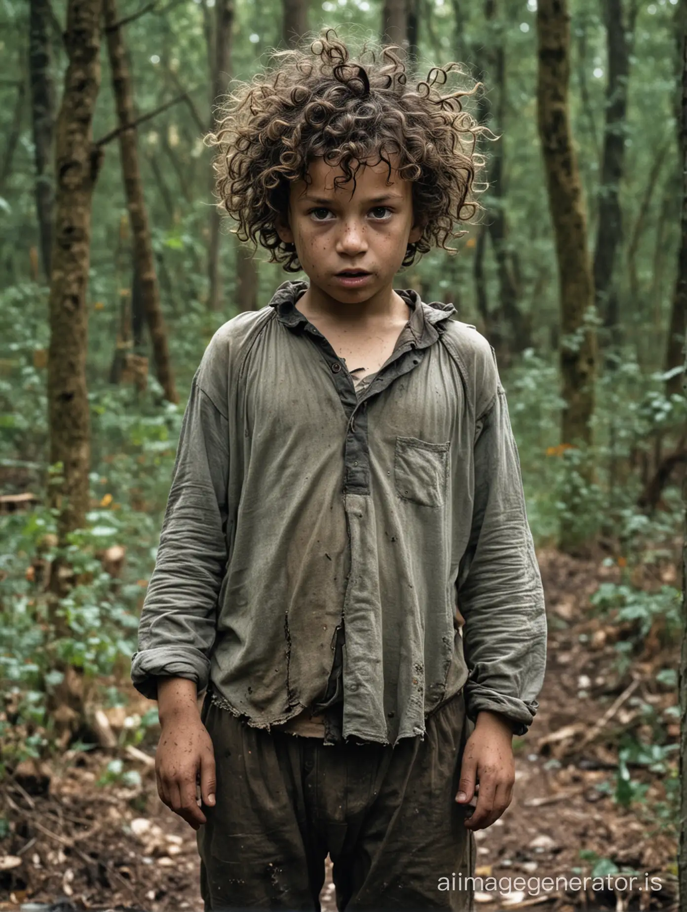 a kid, wild child living in the forest, face very dirty, clothes torn, hair very long, black, curly and dirty, in 1920