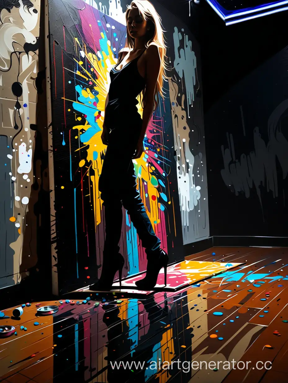 картина на холсте, стоящая на полу, прислонившись к стене в ночном клубе