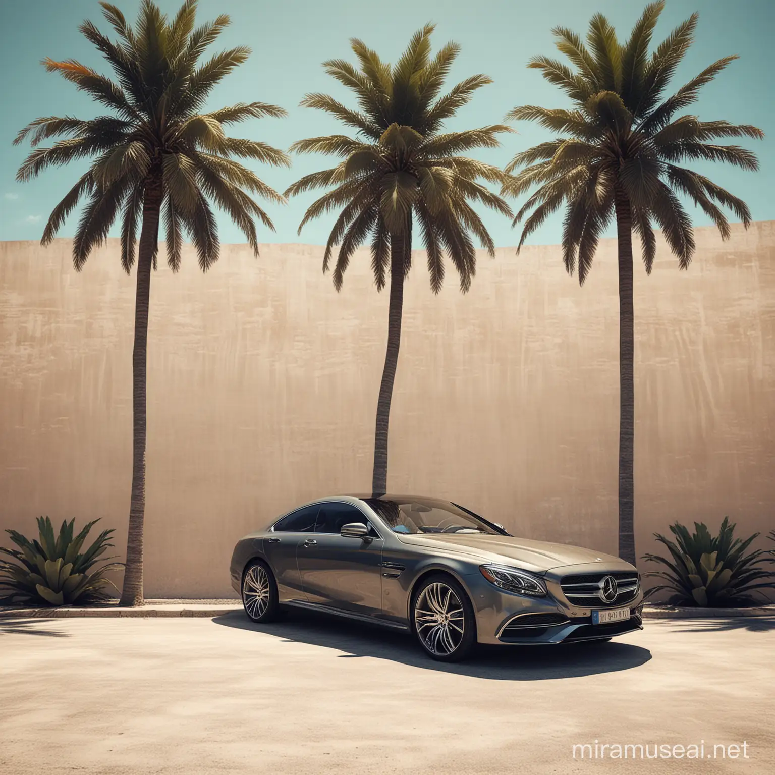 Luxury Car Parked Among Palm Trees in Summer Scene