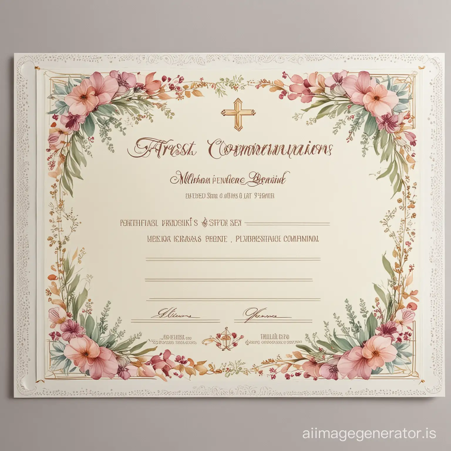 FIRST COMMUNION CERTIFICATE FLORAL DESIGN WITH GEOMETRICAL BORDERS