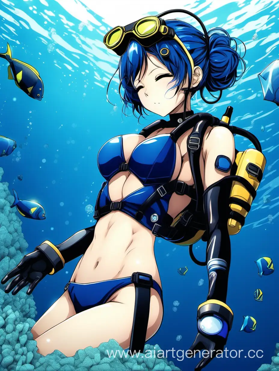 full length sleeping anime scuba diver girl, with scuba gear, in dark blue bikini, dark blue double bun hair, holding a diamond
