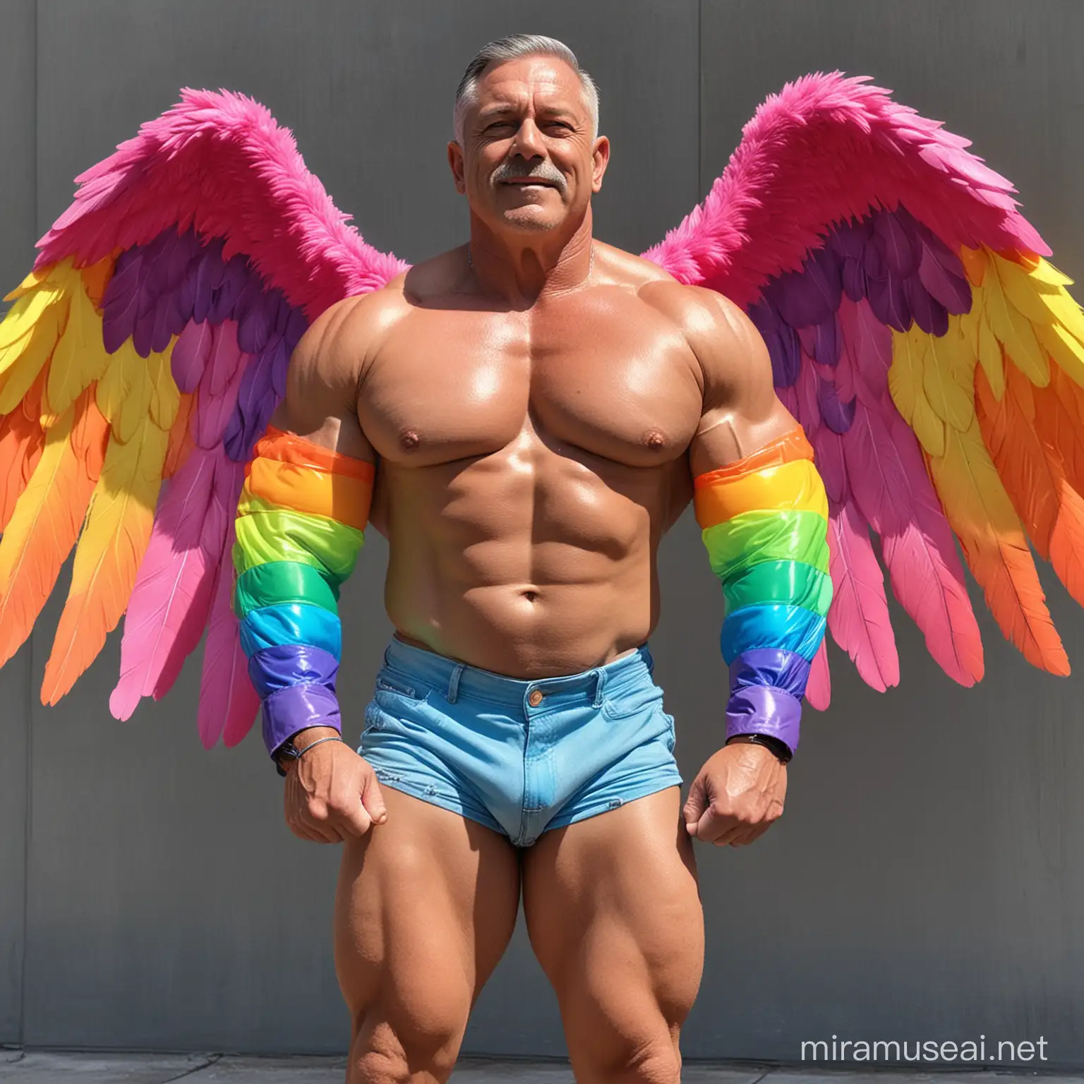 Topless 40s Ultra Chunky Bodybuilder Daddy Wearing Multi-Highlighter Bright Rainbow Colored See Through Eagle Wings Shoulder Jacket short shorts and Flexing Big Strong Arm with Doraemon