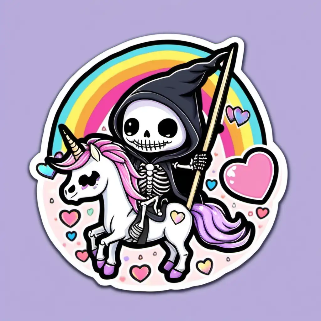 Cute Skeleton Grim Reaper Riding a Unicorn with Rainbows and Love Hearts Pastel Goth Kawaii Super Cute Chibi Sticker Style