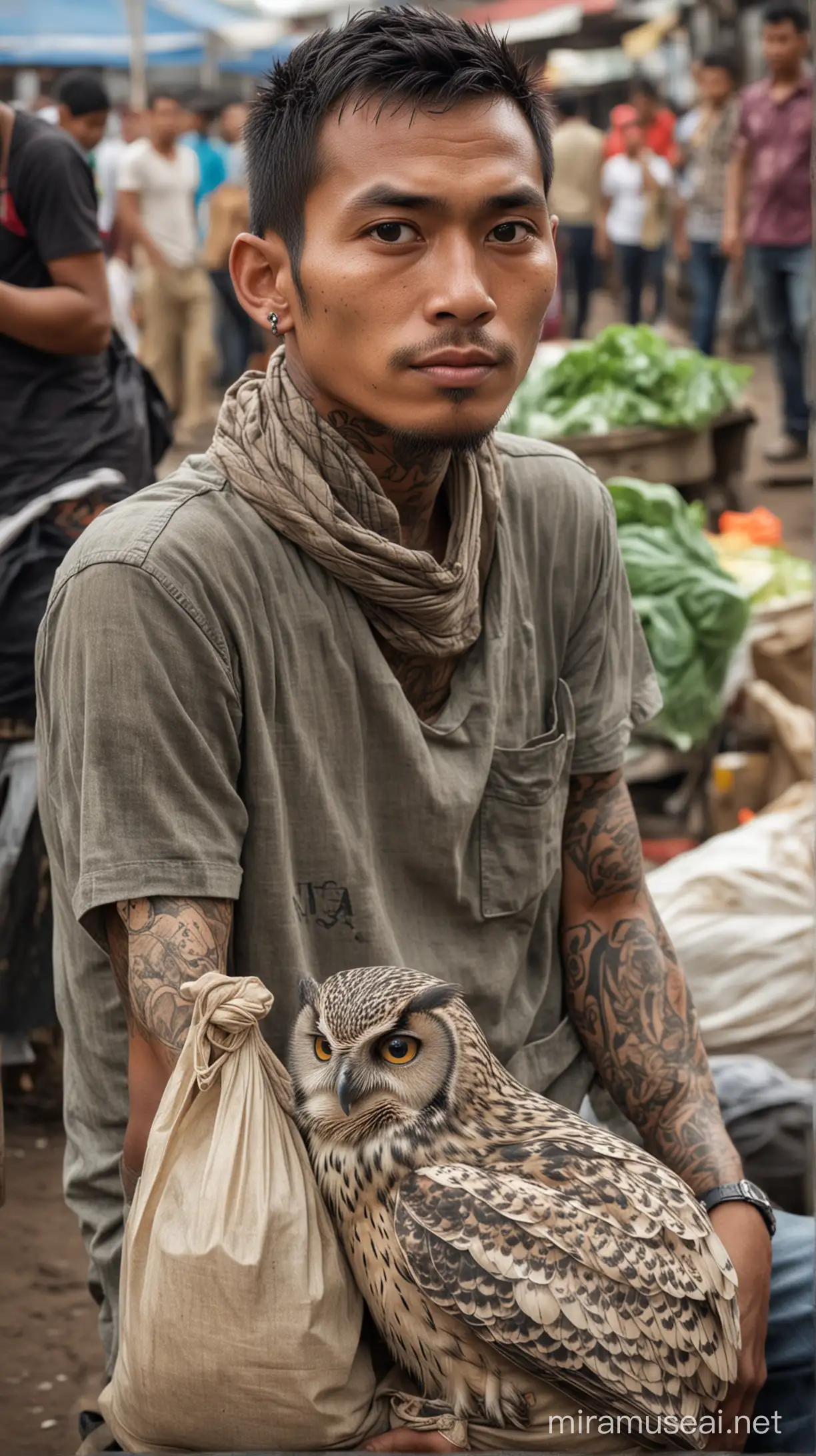 Seorang pria indonesia usia 25 tahun bertatto di leher bergambar burung hantu berbaju kumuh dan lusuh membawa karung kotor sedang duduk di sebuah pasar kumuh di indonesia dan di belakang nya banyak kerumunan manusia ibu ibu bawa plastik belanjaan sayur sayuran