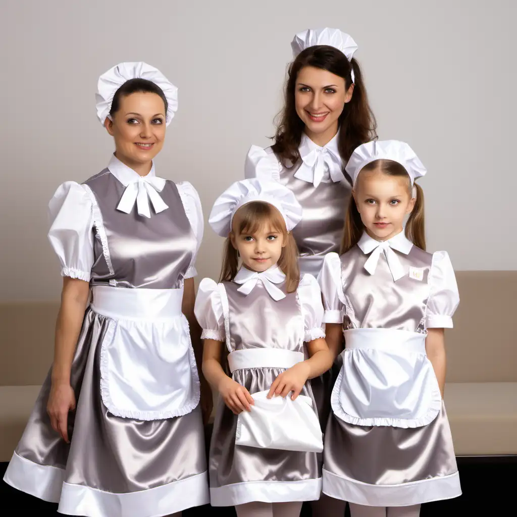 Charming Family Moments Two Mothers and Little Daughters in Satin Maid Uniforms