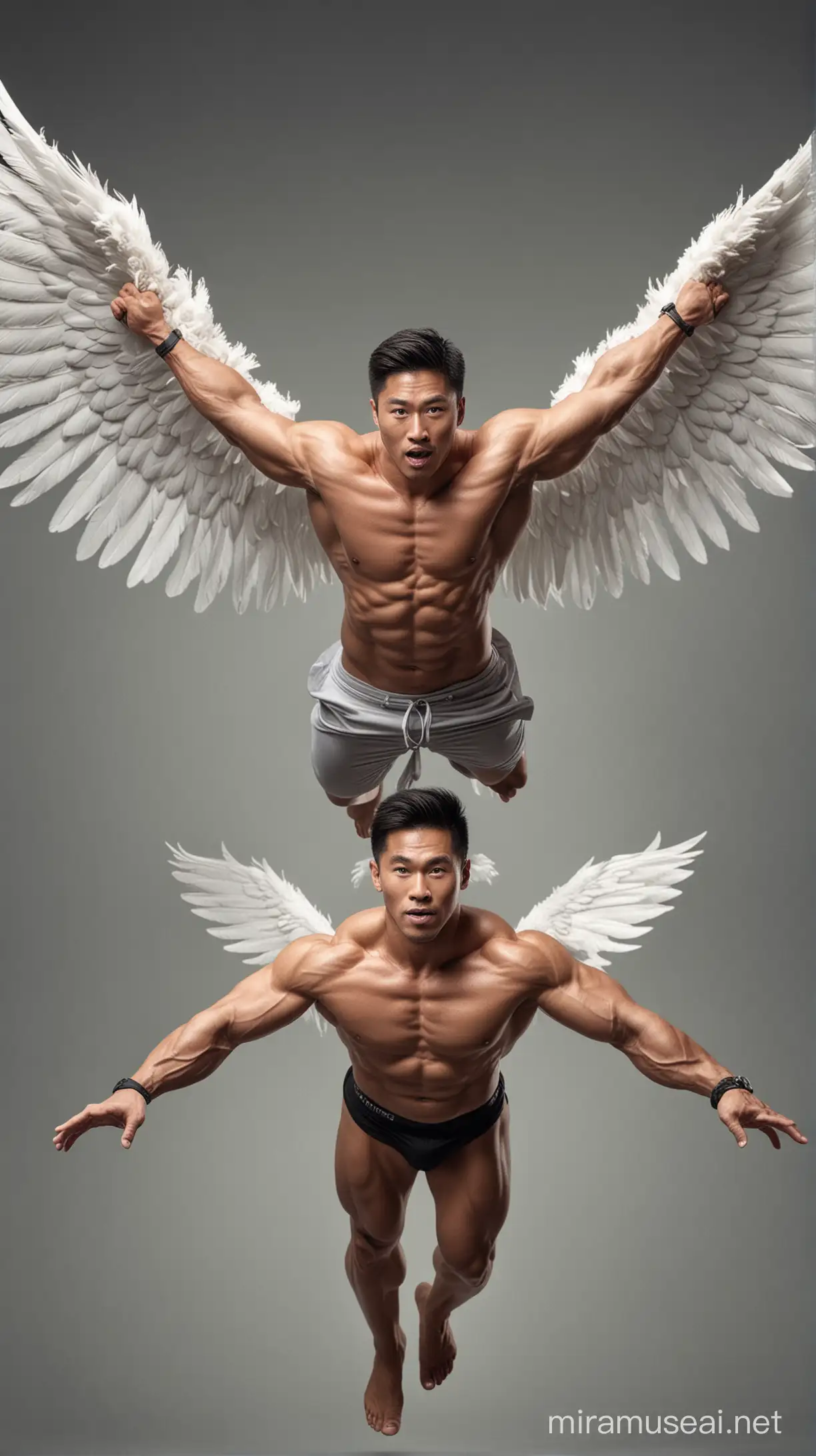 Asian man, bodybuilder,  with wings, flying 