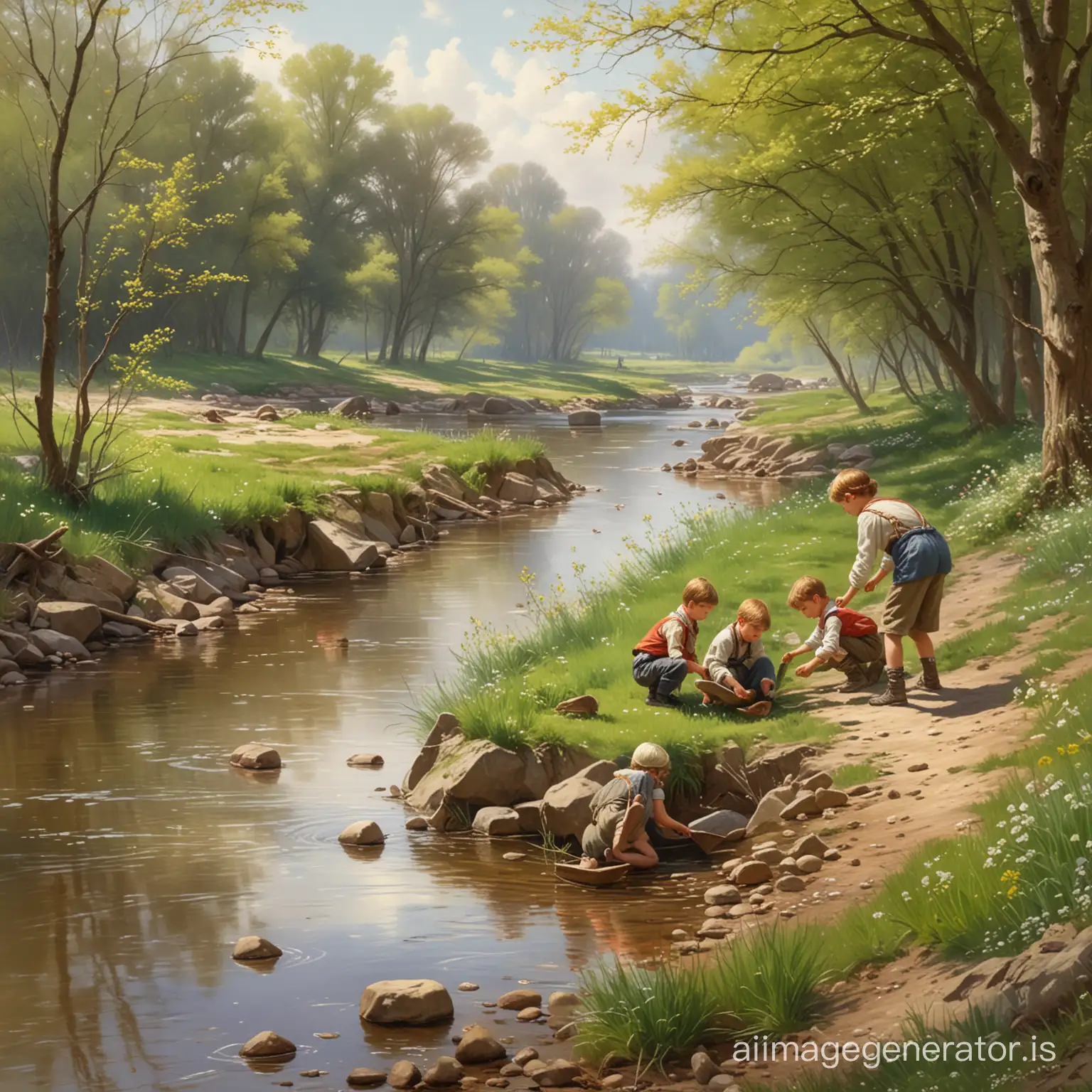 Spring landscape children catch fish on the bank of a stream