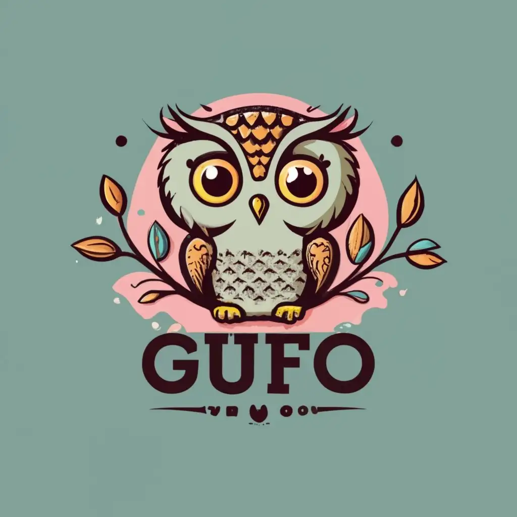 logo, Owl, with the text Gufo, pink background with trees, typography, be used in Animals Pets industry