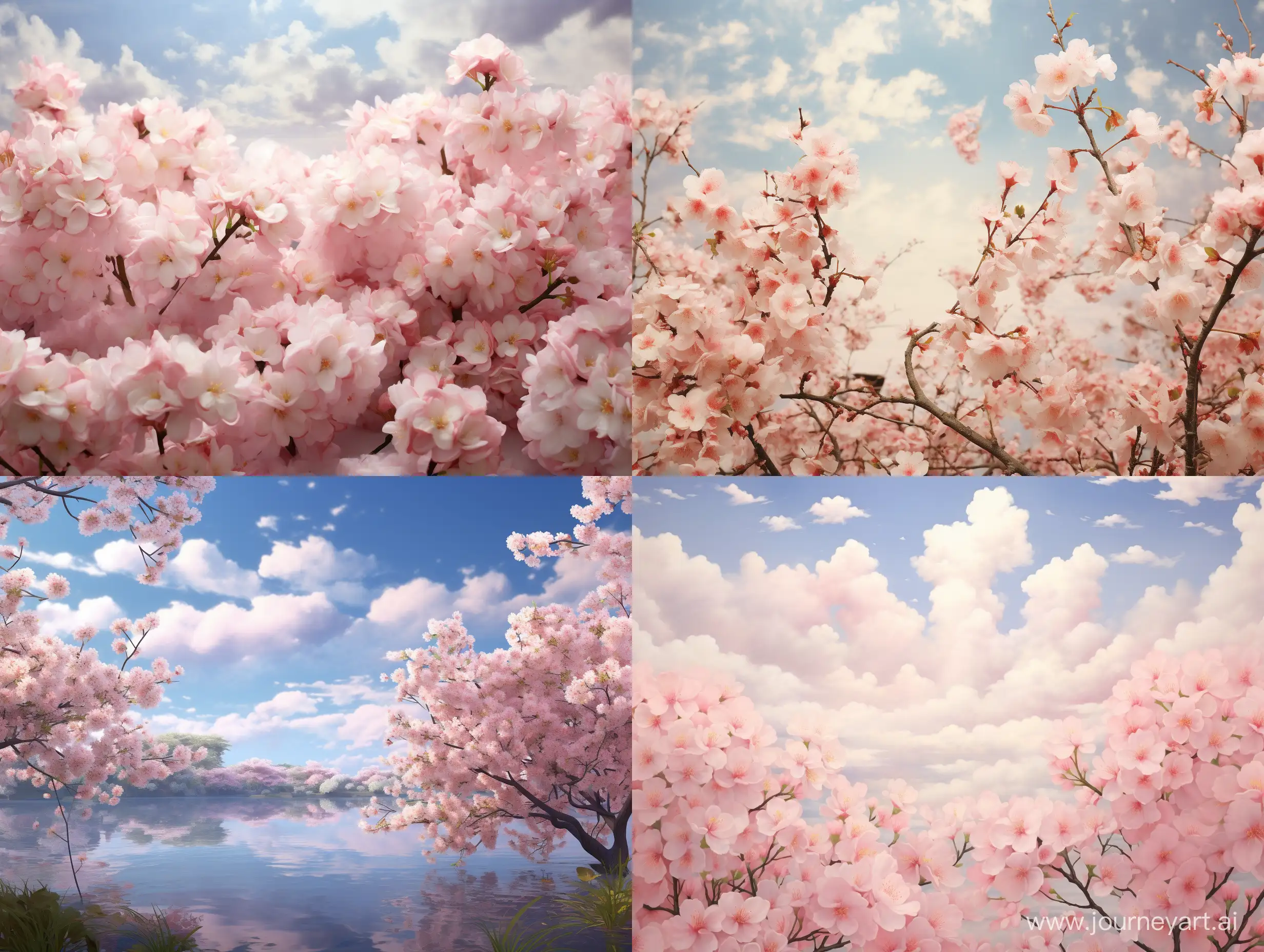  Photorealistic Digital Photography of a sprawling sky dominating the center, a tranquil expanse with a few wisps of white clouds. Tucked in the corner, cherry blossom branches subtly intrude, their delicate pink flowers occupying a modest space, enhancing the sky's vastness with their gentle presence.
