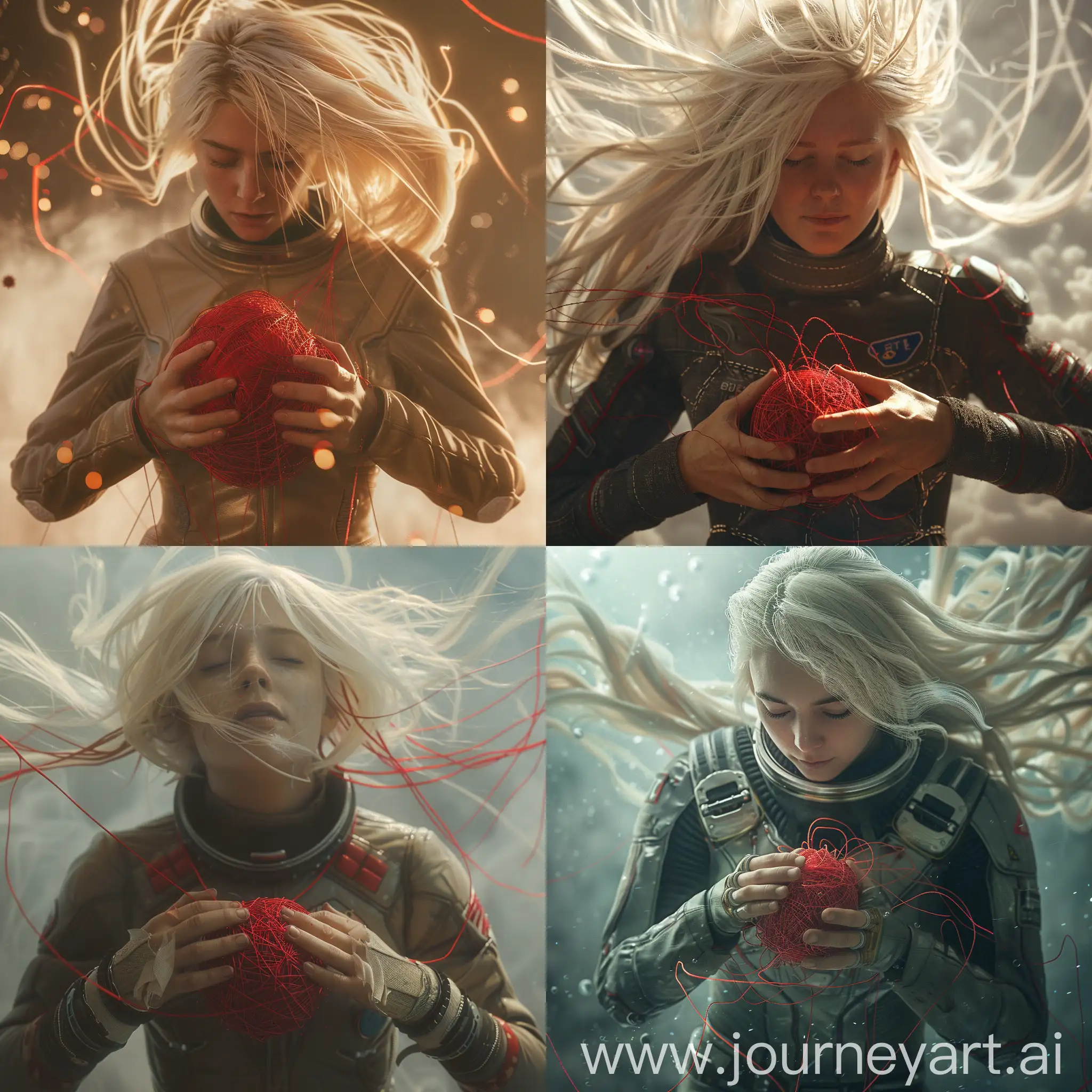Blonde-Girl-in-Space-Suit-Embracing-Red-Threads-Ball