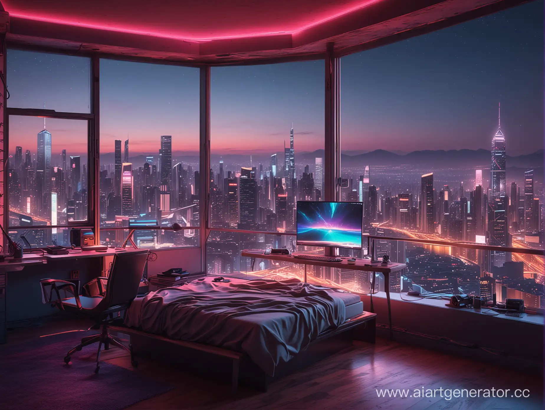 просторная комната с красивым компьютерным столом и уютной кроватью в неоне, с панорамными окнами с видом на ночные высотки, в стиле киберпанк