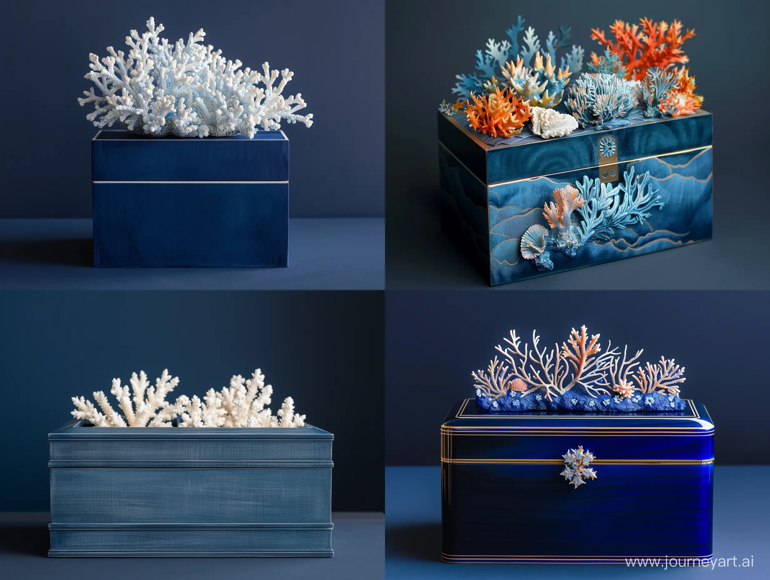 Цвет фона – темно синий. Топ коробки оформляем в морском стиле, используем кораллы вместо цветов