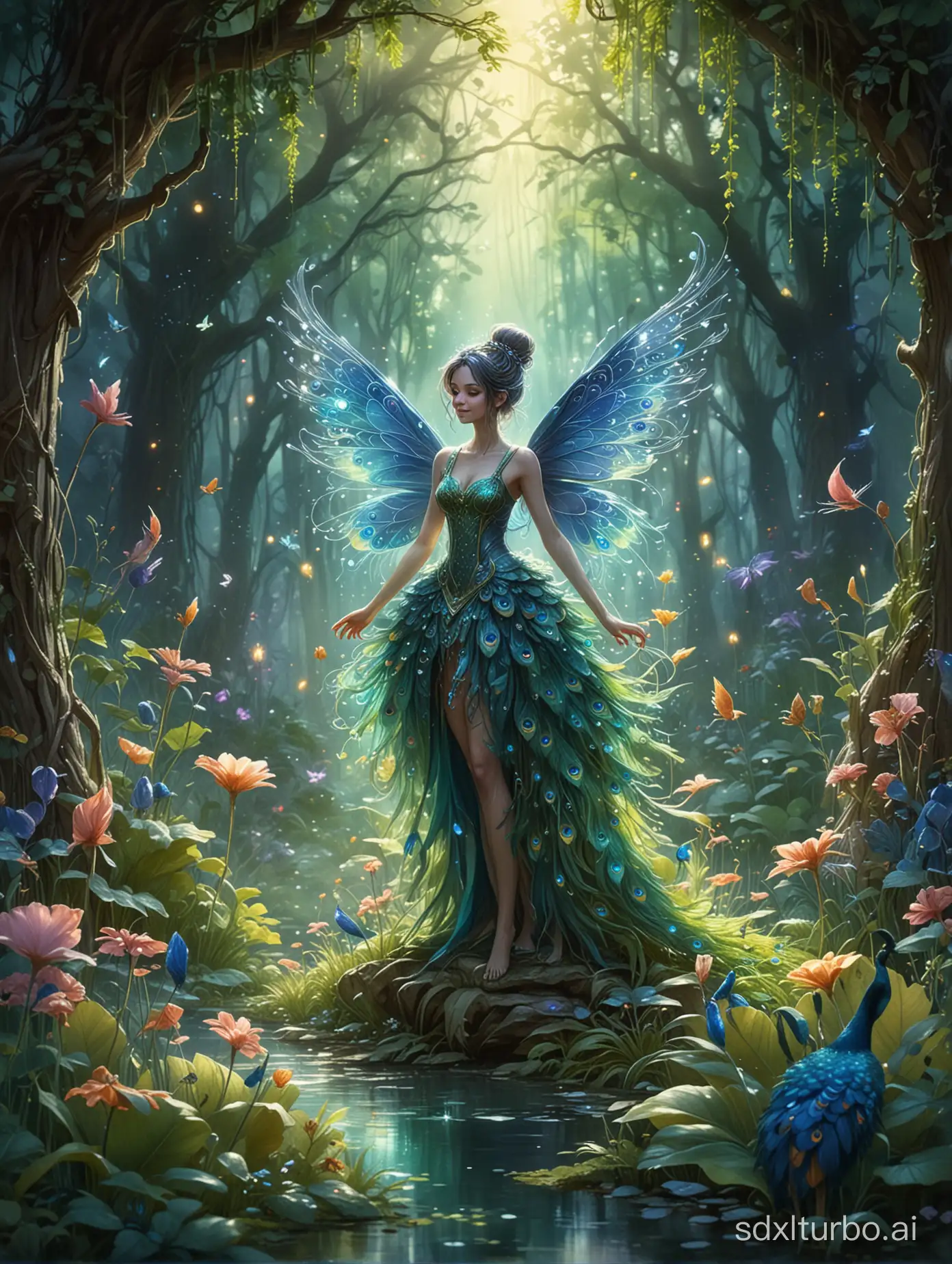 a happy fairy glade, magic plumber, peacock tones. tiny glowing fairies, Watercolor, trending on artstation, sharp focus, studio photo, intricate details, highly detailed, by greg rutkowski