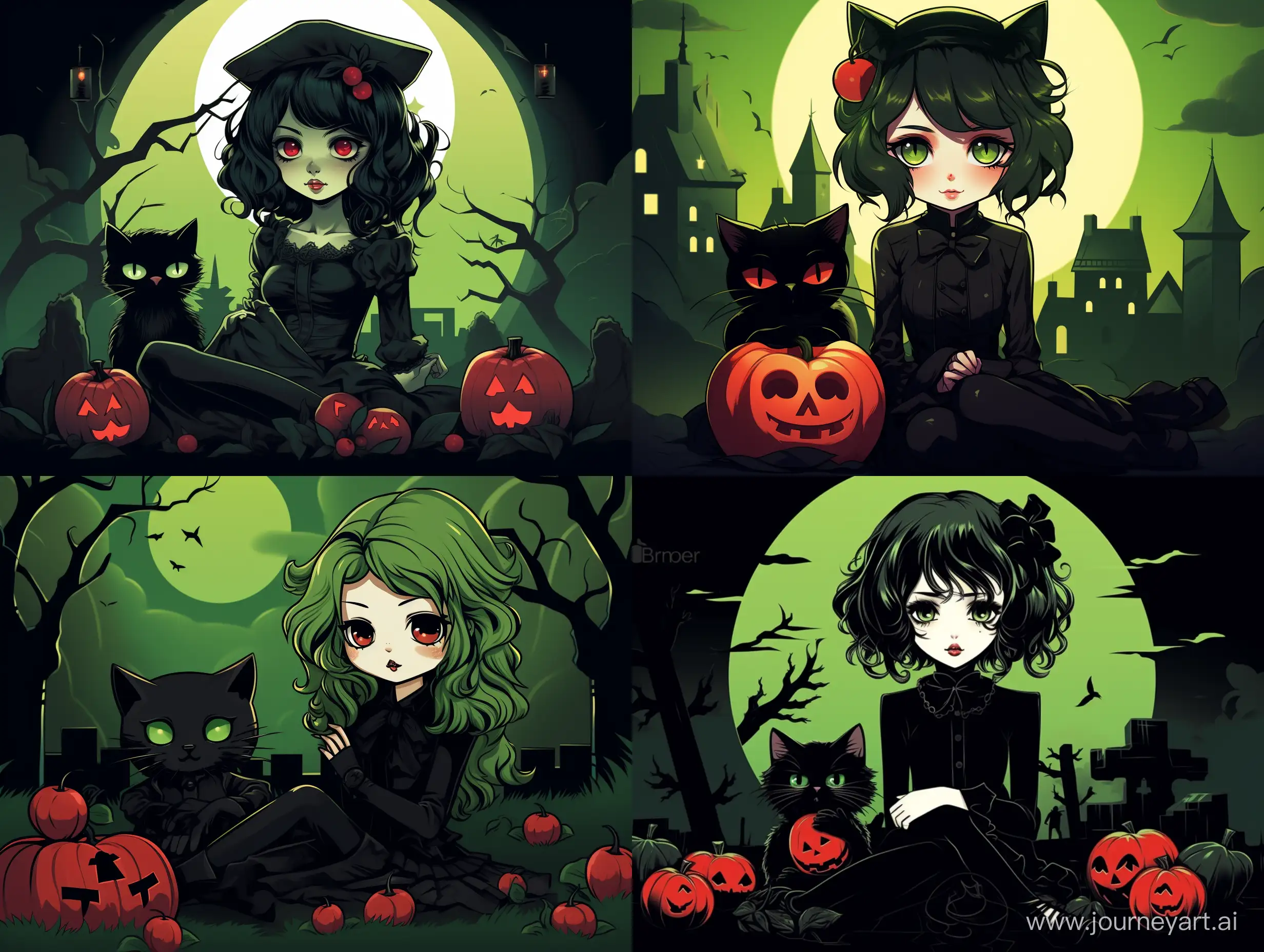 cute anime witch girl with a sad face and red cheeks and lips holding a green apple in a graveyard with a black cat on her lap in illustrative style