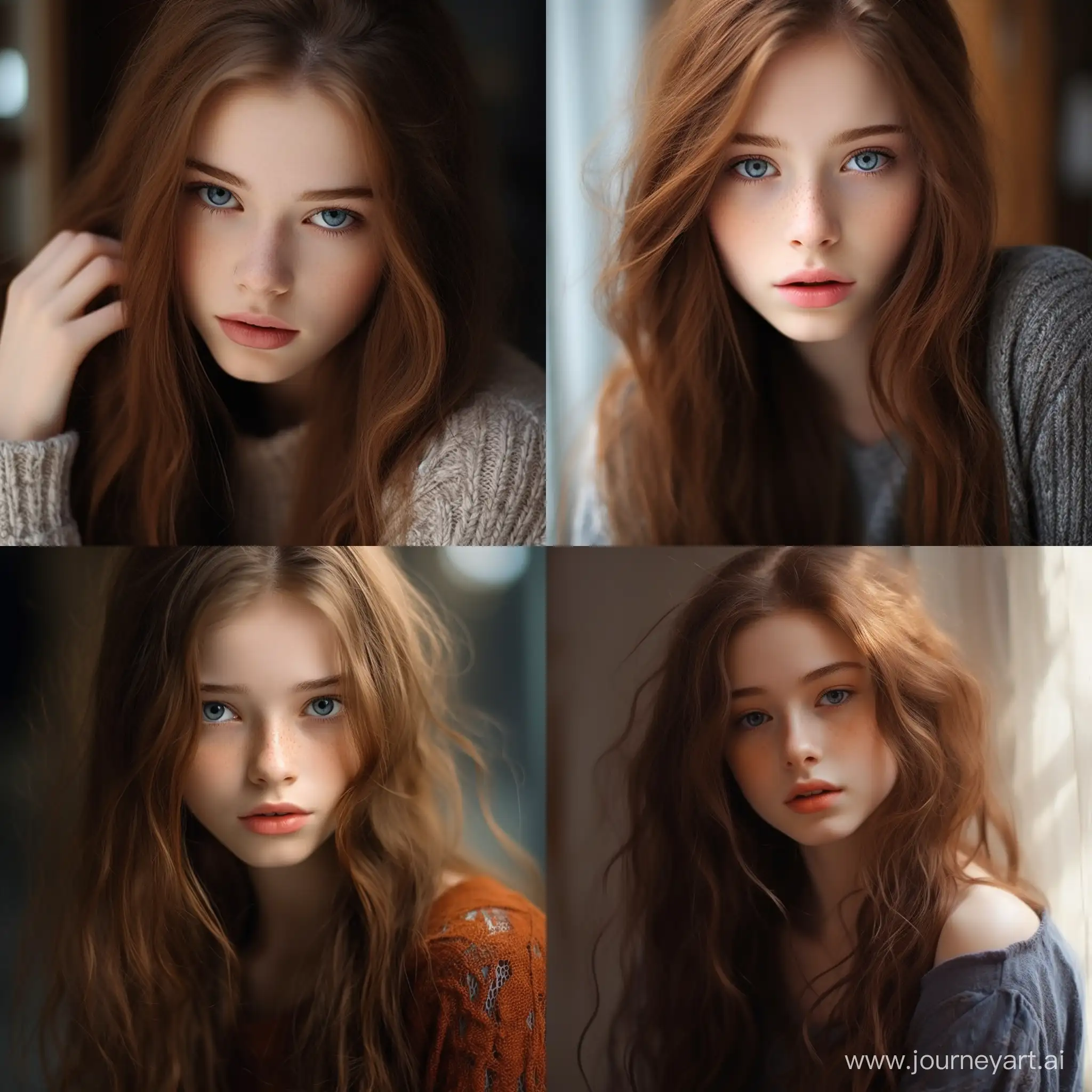 A beautiful, blue-eyed, brown-haired woman with pale skin and piercing eyes. Her appearance gives the impression of mystery and attractiveness., 15-17 years old