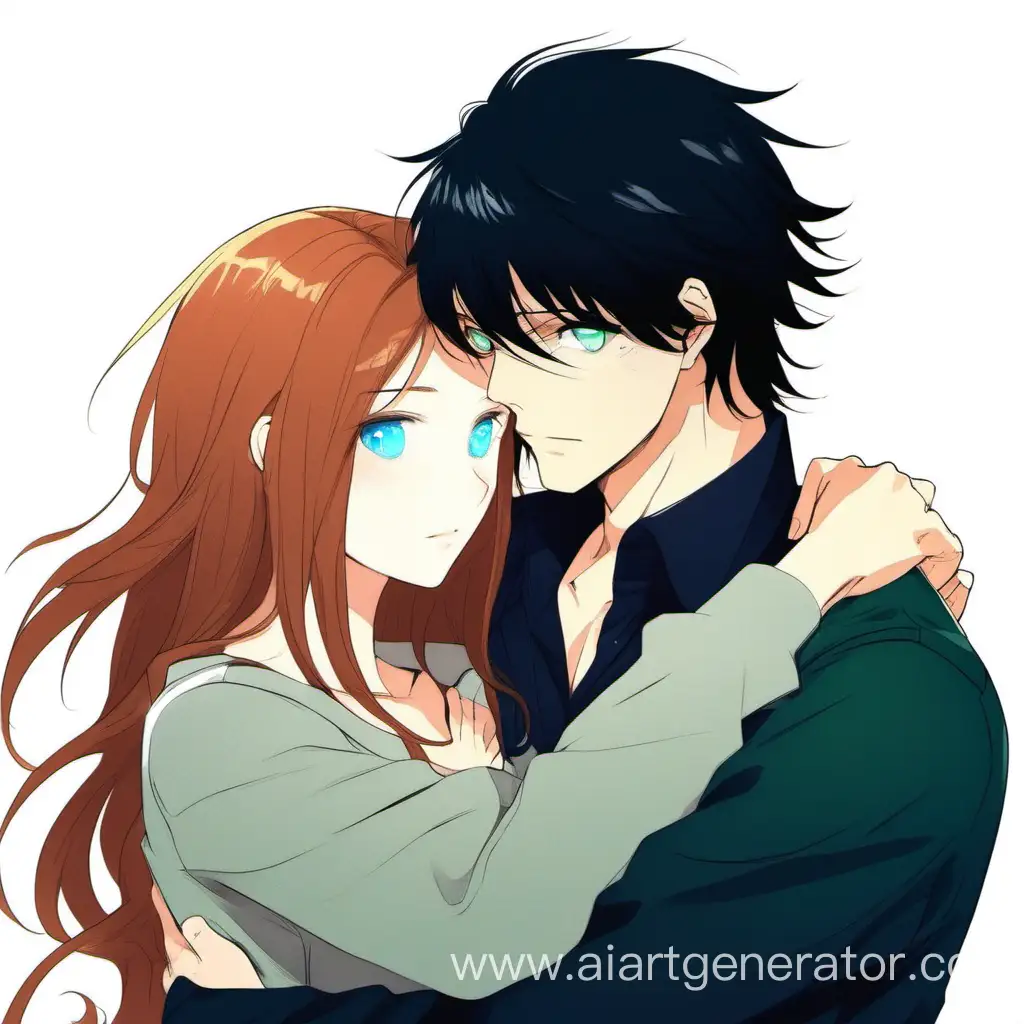 The girl with chestnut hair and green eyes stands next to a guy with black hair and blue eyes; he is hugging her from behind.