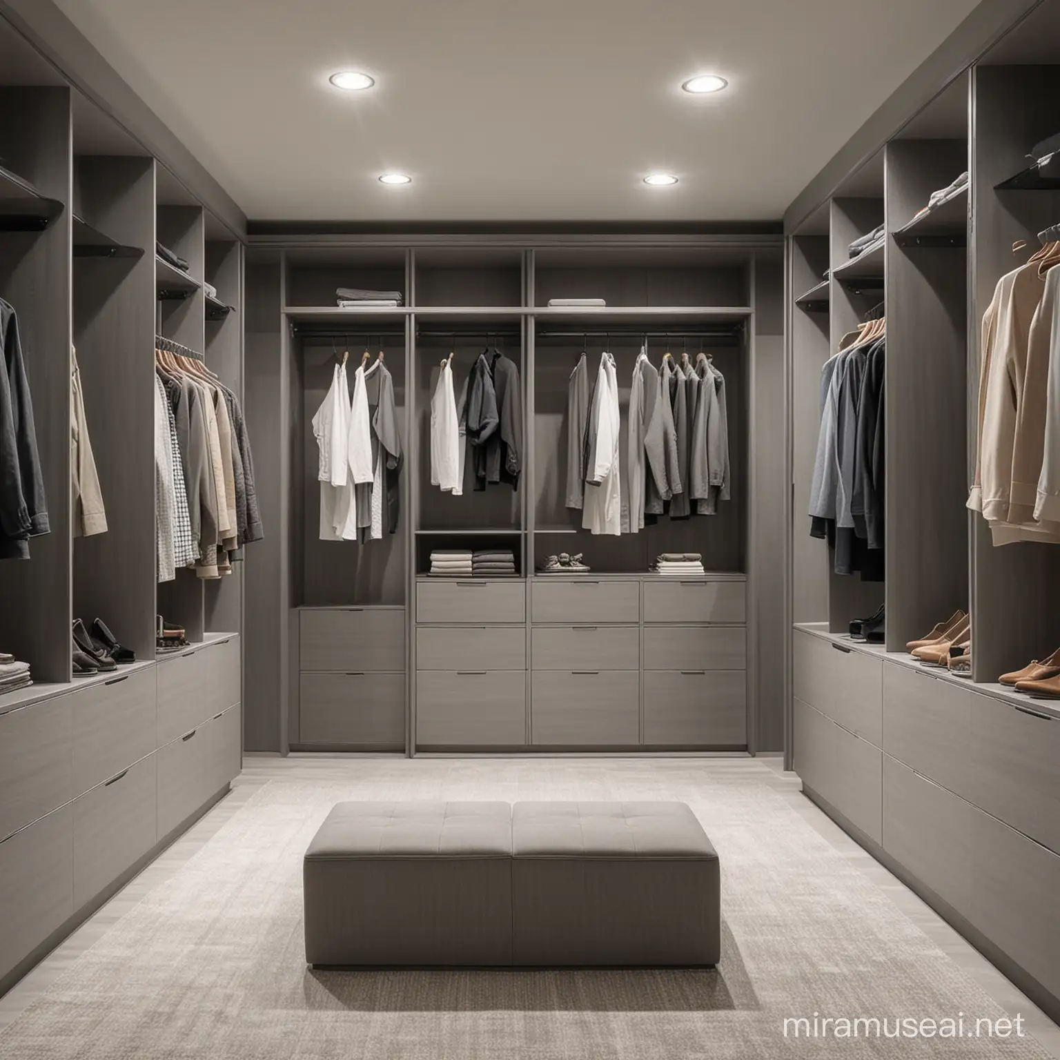 Design of a modern walk in closet, cabinets made from matte grey laminate, clean carpet, aesthetic and realistic, clothes neatly hung, seating area in the middle of the closet.