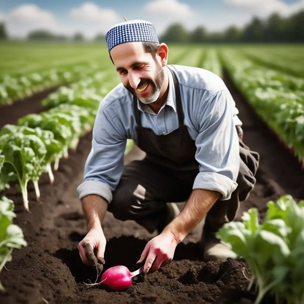 Jewish Farmer Harvesting Fresh Radish with Knife