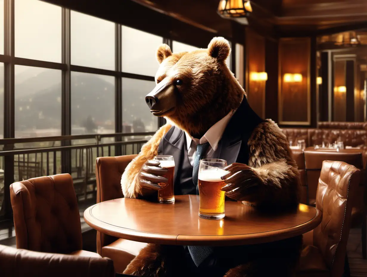 Sophisticated Bear Enjoying a Pint in a HighClass Restaurant