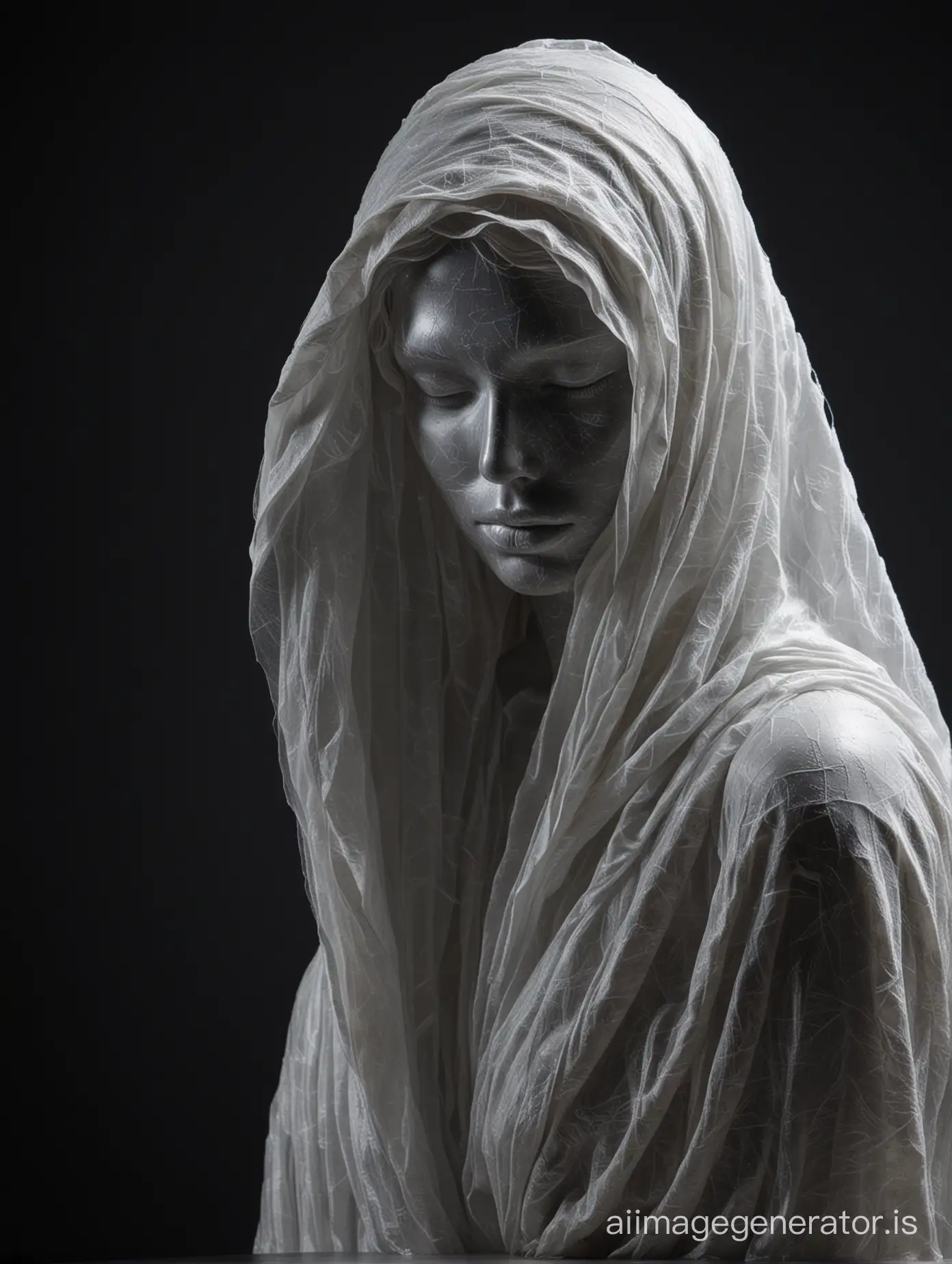 скульптура женщины из мрамора, лицо закрывает прозрачная ткань  на темном фоне, смотрит отчужденно, задумчиво, грустно