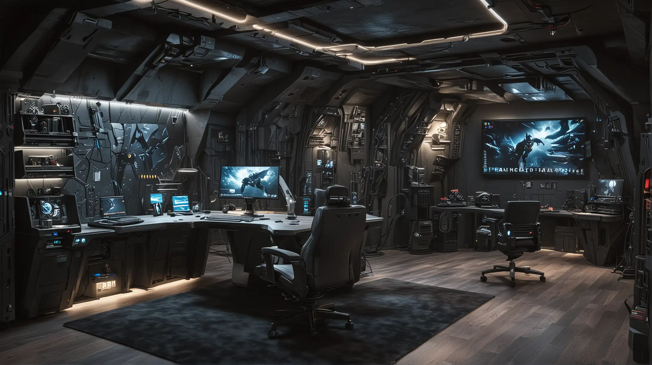 Elaborate futuristic computer desk setup and playroom mimicking the aesthetics of Batcave.