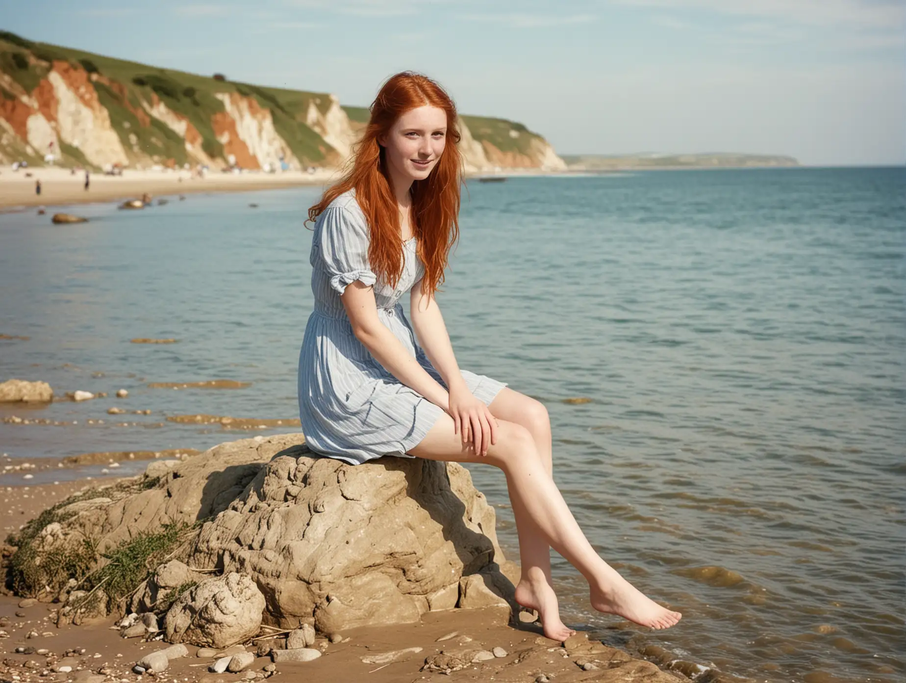 20 year old English woman, with long red hair, legs, Dorset coast, 1900s, seaside