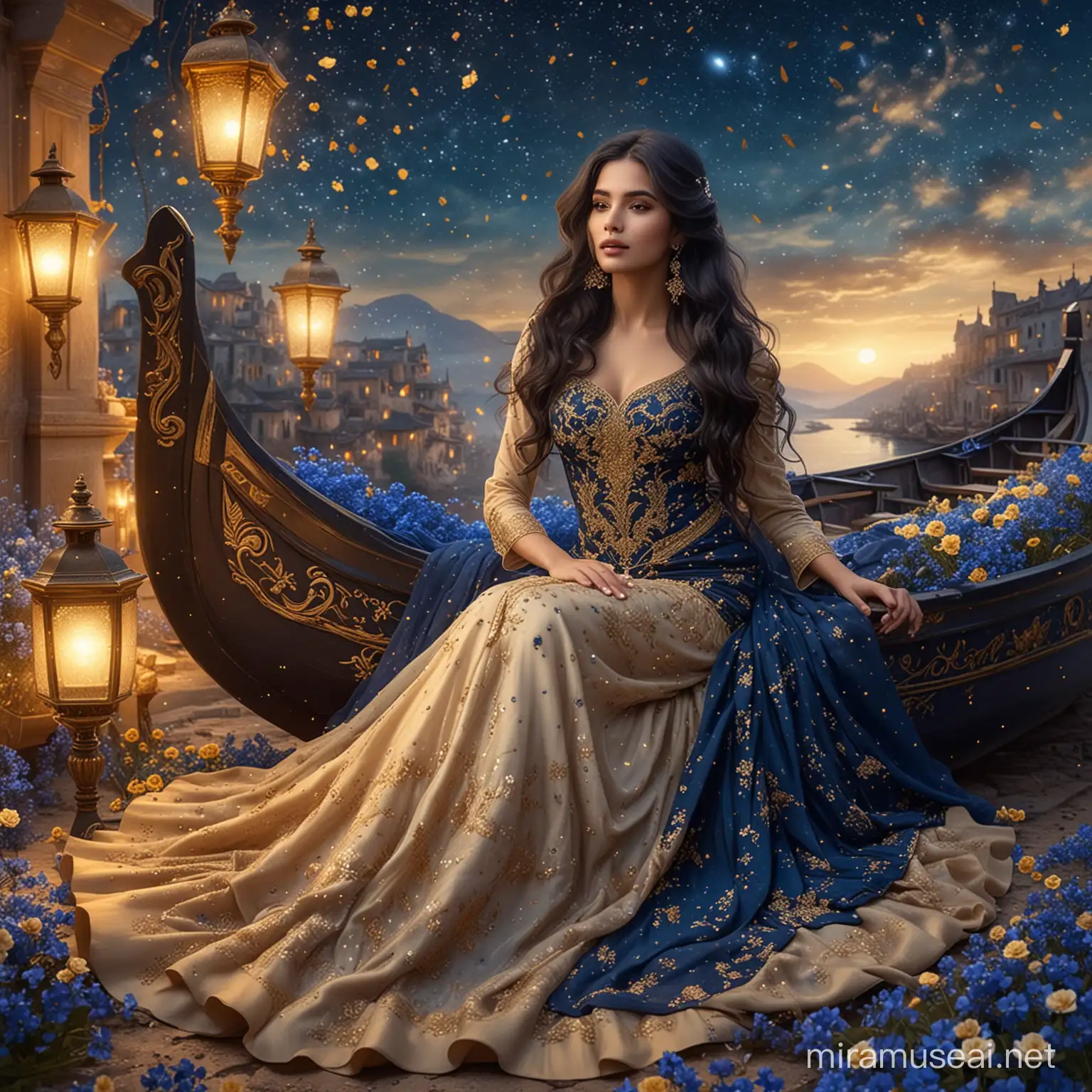 A beautiful woman, sitting on a floral boat in the flower realm ,surrounded by small dark blue flowers and golden dust. Long wavy black hair. Elegant long beige and dark blue dress, haute couture, sari tissu. Background nebula sky with golden light. background golden dust and old lamps.  8k, fantasy, illustration, digital art, illustration art, fantasy art, fantasy styl
