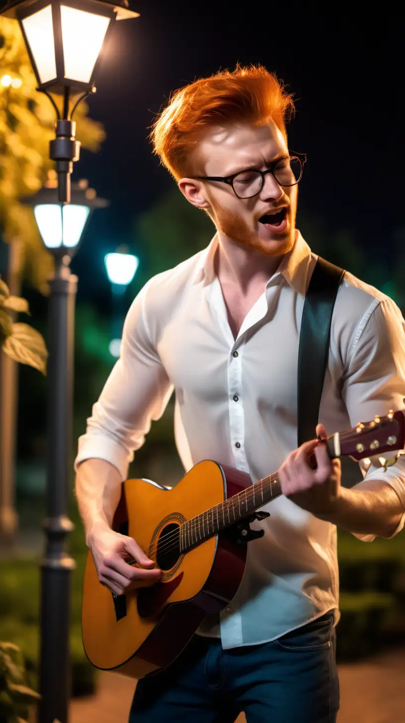 Handsome redhead man playing guitar, singing. Rose garden, night, amber street lamps. Half transparent open white shirt, show hairy chest, show abs, stubbles, short hair, glasses, night